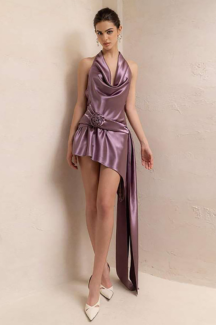 Cowl Neckline Halter 3d Flower Long Streamer Irregular Mini Dresses-Purple