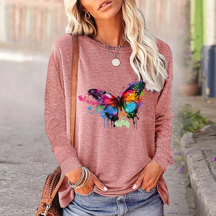 Colorful butterflies Round Neck Long Sleeves_G287-0023491