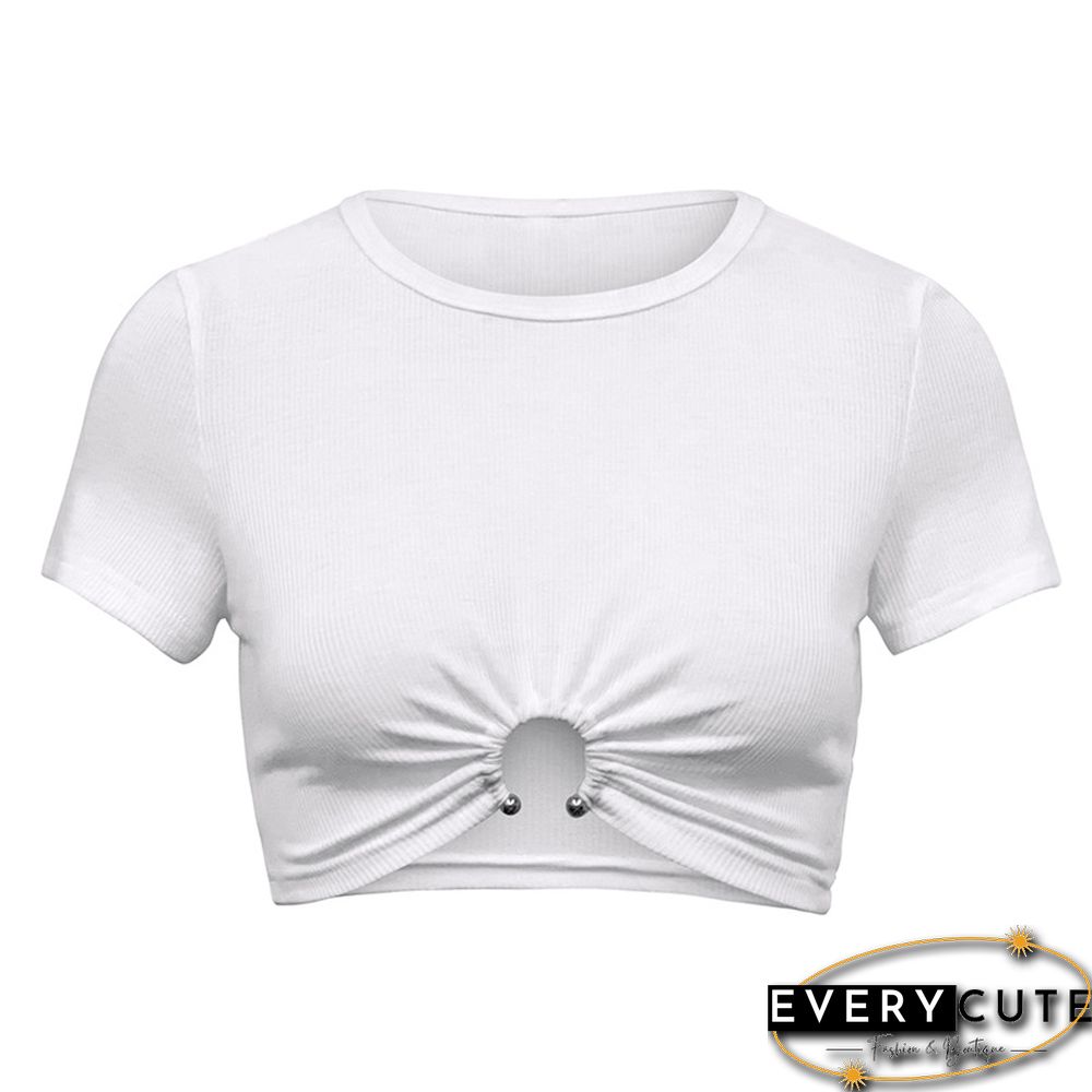 Aesthetic Crop Tops Summer Women Short Sleeve Knitted Tshirt With Hollow Ring Slim Streetwear Cropped Feminino