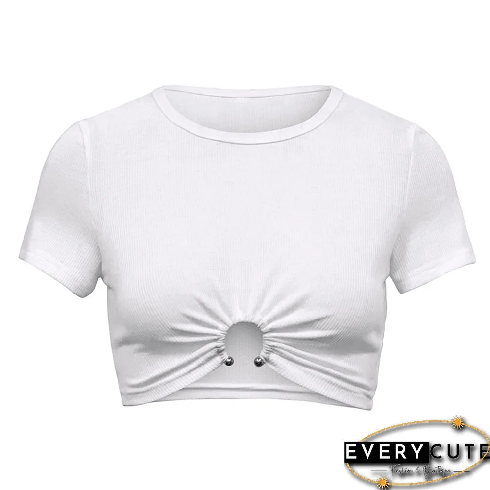 Aesthetic Crop Tops Summer Women Short Sleeve Knitted Tshirt With Hollow Ring Slim Streetwear Cropped Feminino