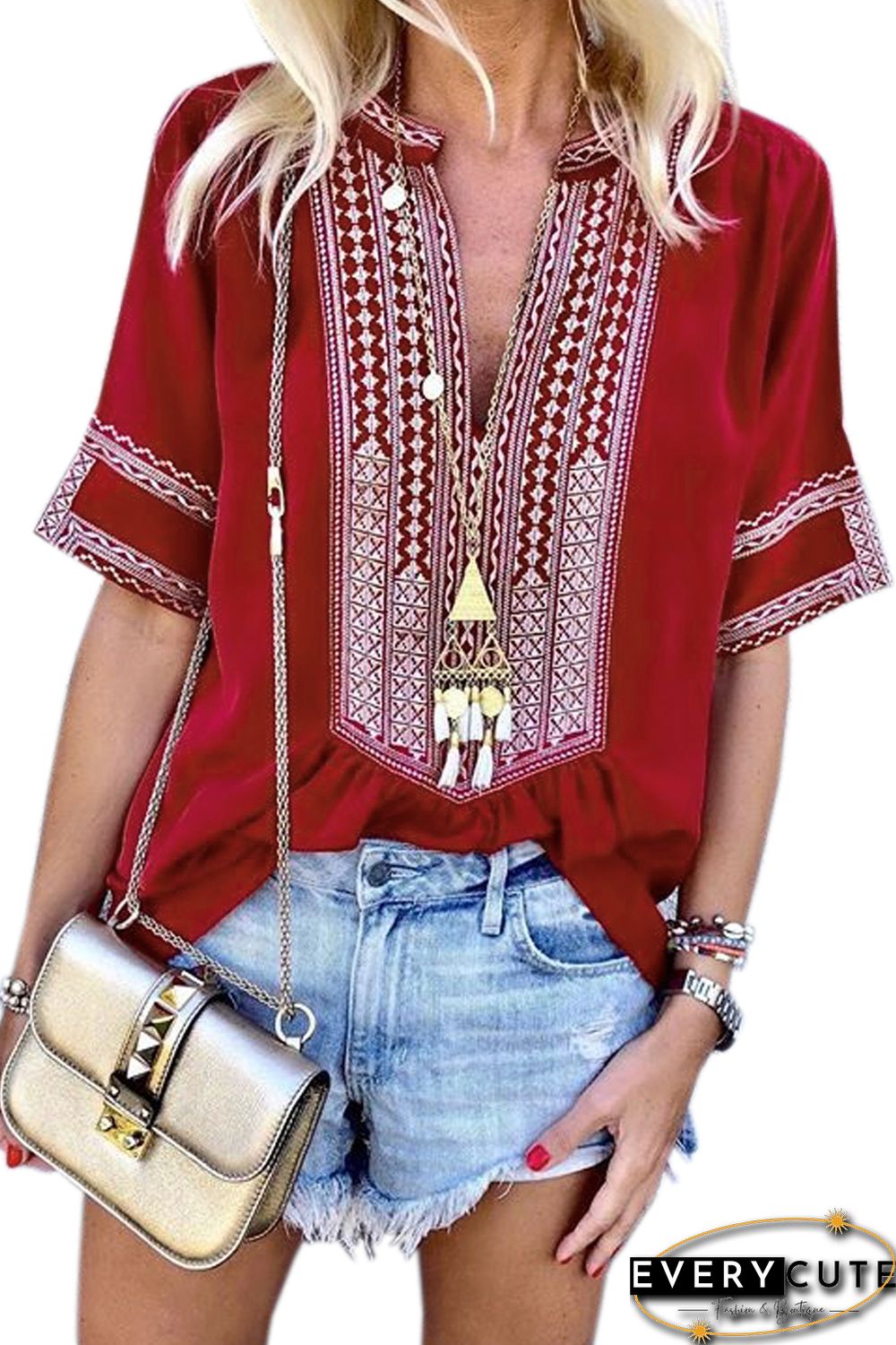 Red Elbow Length Sleeves Front Embroidery Blouse