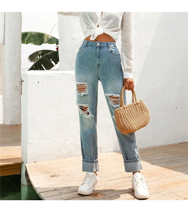 Women Fashion High Waist Raw Hem Ripped Jeans XS-L