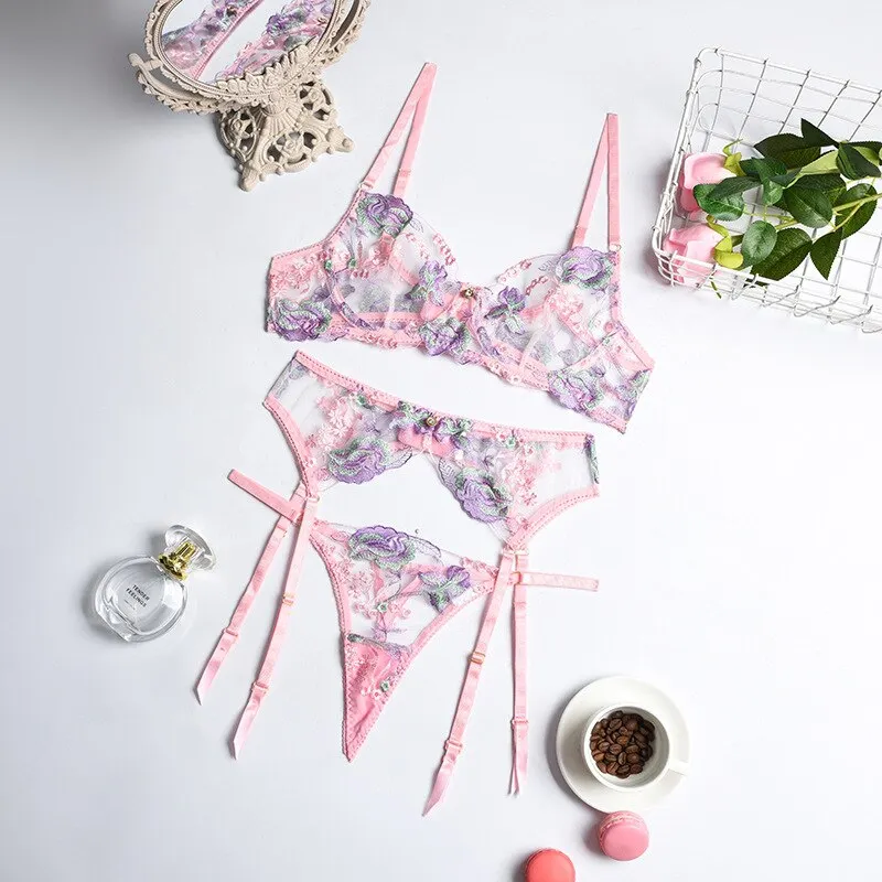 Billionm Pink Floral Lingerie Set Women Underwear Lace Transparent Bra Panties Sexy Push Up Bras Fancy Ladies Embroider Costumes for Sex