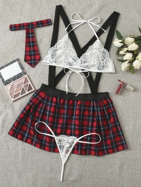 Churchf Hot Lingerie Sexy Uniform Seduction Elastic Cross Shoulder Strap Student Suit