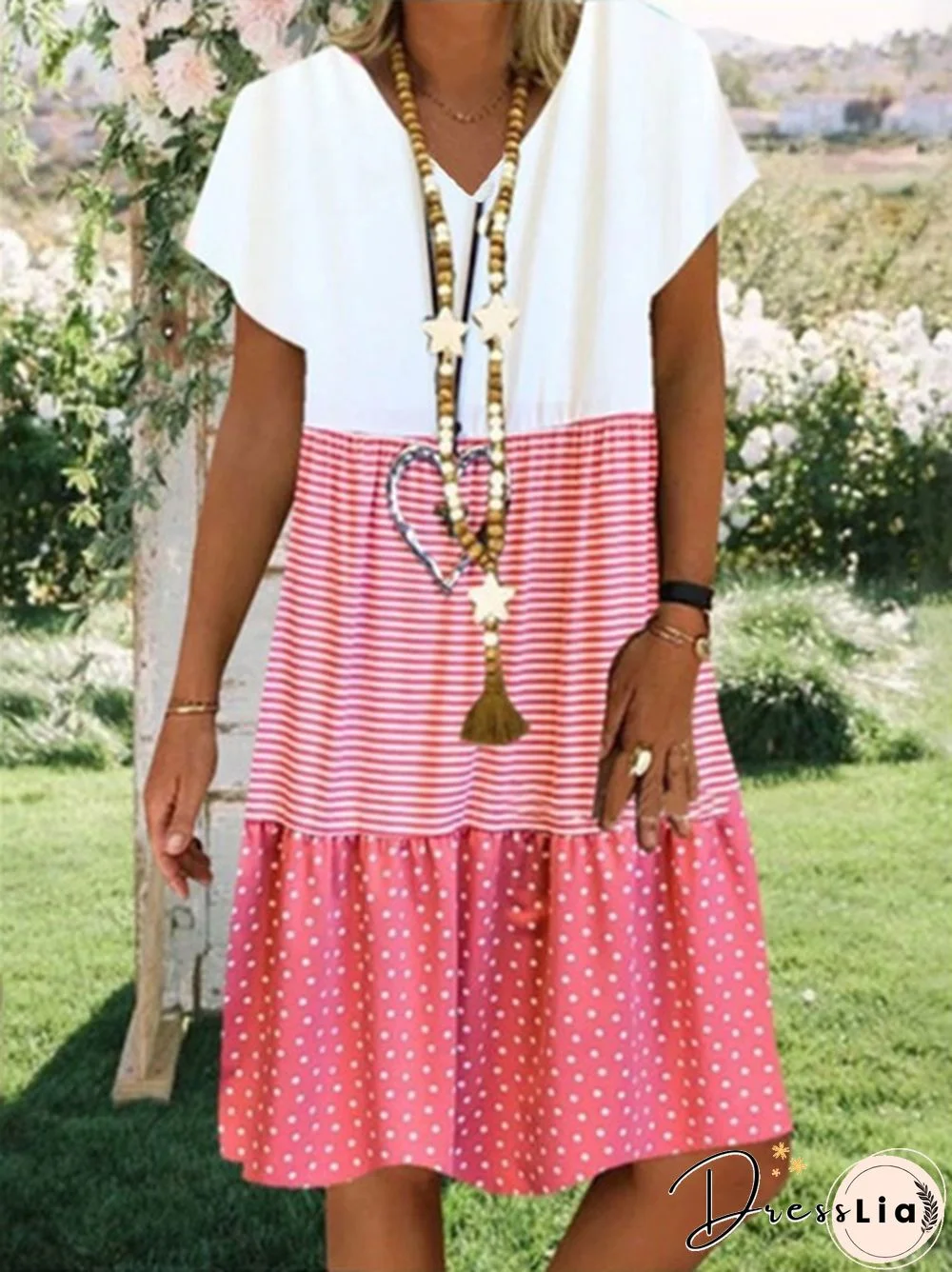 Women's Fashion Plus Size Casual Short Sleeve Loose Summer Print V-neck Dress