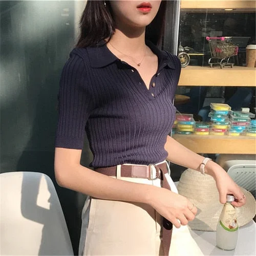 Korean 2022 Women Elegant And Casual Polo Plunge Neck Short Sleeve Knitted Shirt Crop Tops