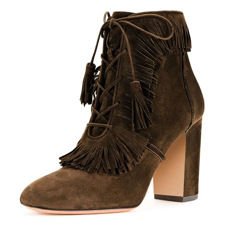 Brown Vegan Suede Chunky Heel Lace Up Fringe Ankle Boots |FSJ Shoes