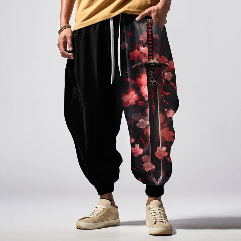 Men's Japanese-style Sword And Cherry Blossom Print Sweatpants  artssus