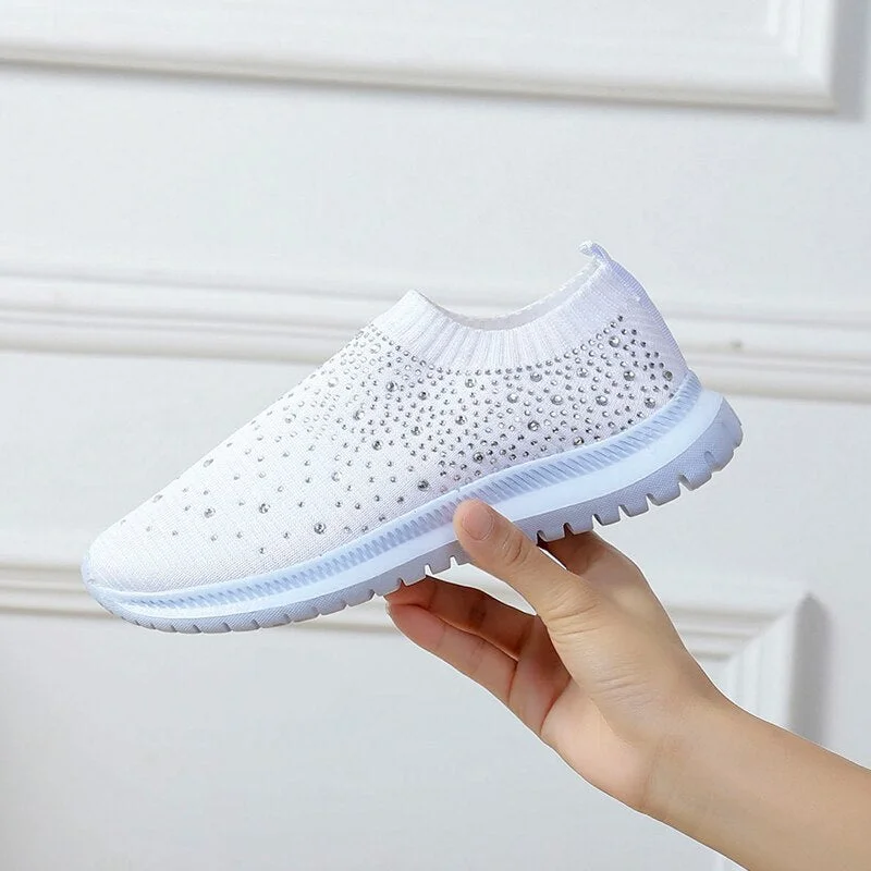 Woman Sock Sneakers crystal 2021 Knitted Flat Shoes summer women's  Loafers  Ladies Casual Vulcanized Shoes slip on mesh sport s