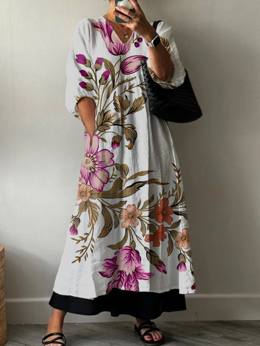 Women's Retro Floral Print Pocket V-neck Cotton Dress