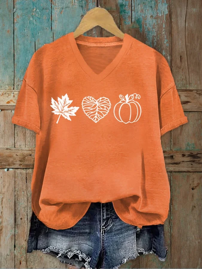 Women's Love Fall Leaf Pumpkin V-neck T-shirt