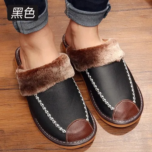 Men's Leather Home Warm Cotton Slippers Men's Home Autumn and Winter Indoor Wooden Floor Non-slip Thick Slippers Mens Slippers