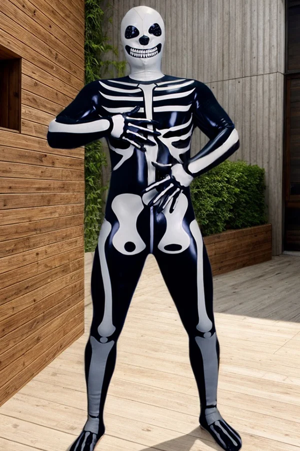 Men Latex Catsuits Halloween Fright Skeleton 
