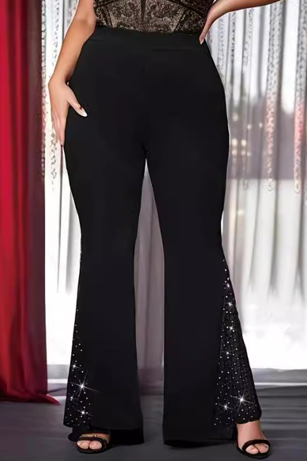 Plus Size Everyday Black Mesh Patchwork Rhinestone Elastic Waist Flare Leg Pants 2024 - Flycurvy 