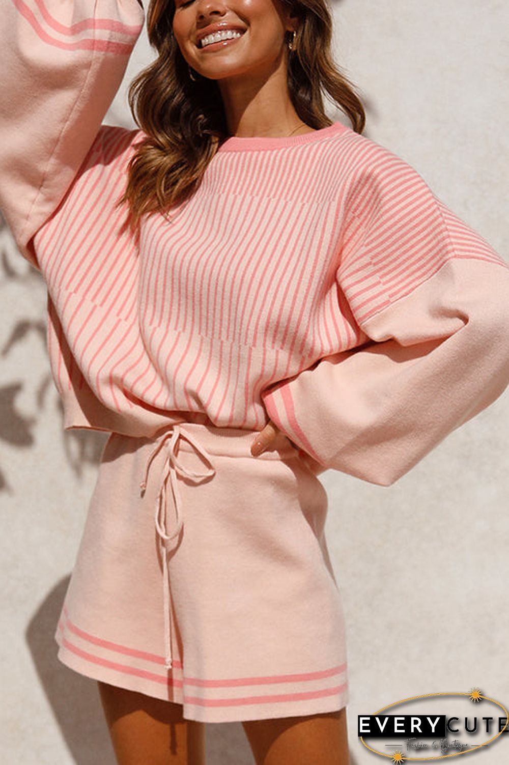 Gradient Stripe Puff Sleeve Sweater Shorts Set