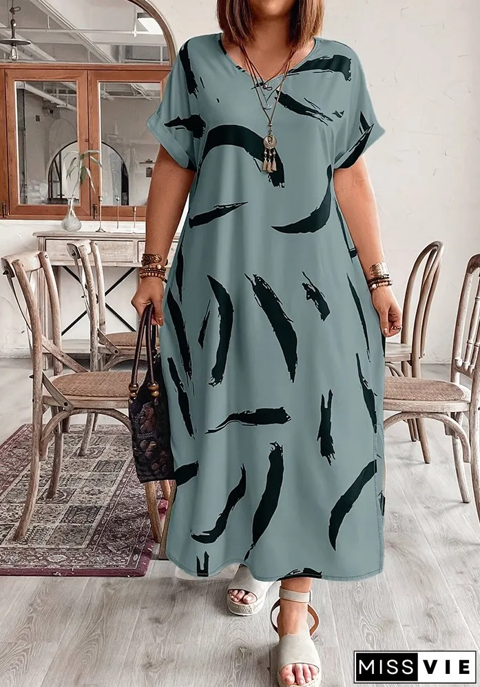 Plus Size Women short-sleeved printed slit dress