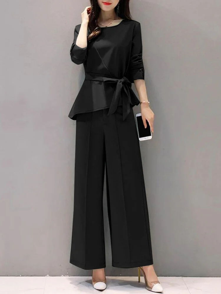 Solid Belt Asymmetrical Hem Long Sleeve Two Pieces Suit