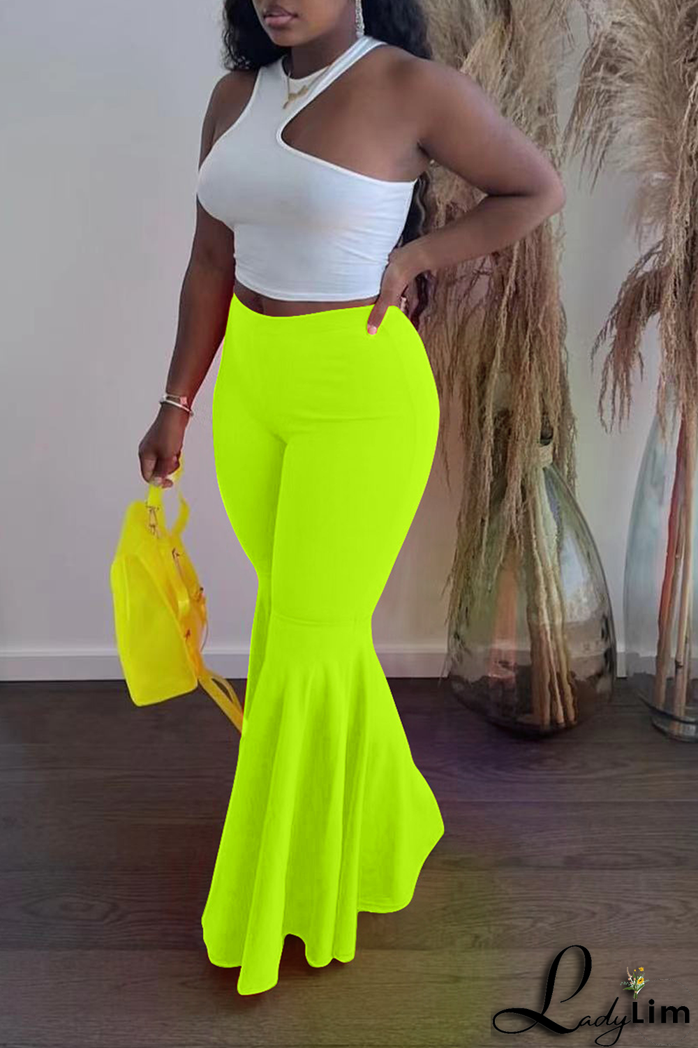 Fluorescent Green Fashion Solid Flounce Boot Cut High Waist Speaker Solid Color Bottoms