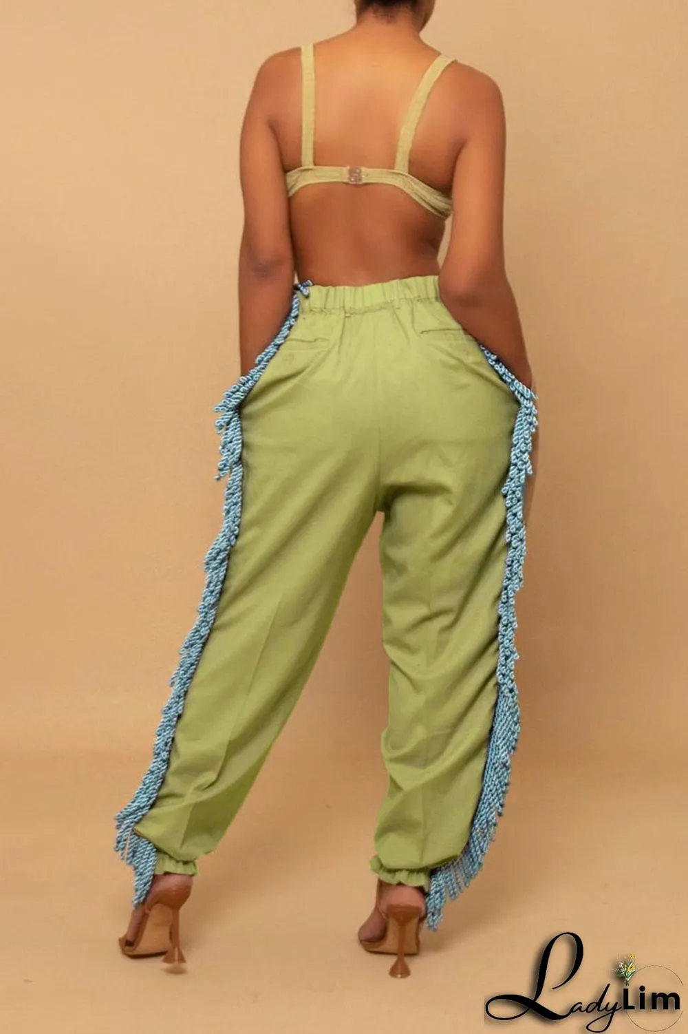 Green Casual Solid Tassel Patchwork Loose High Waist Pencil Solid Color Bottoms