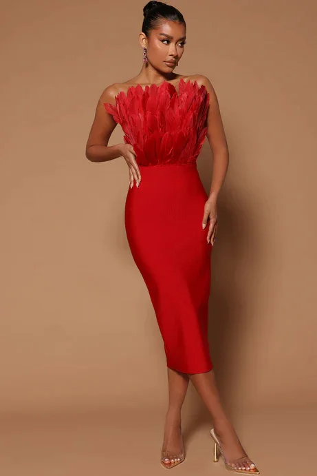 Strapless Feather Embellished Midi Dress-Red