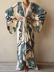 Women's Blue Floral Kimono Linen Robe with Belt