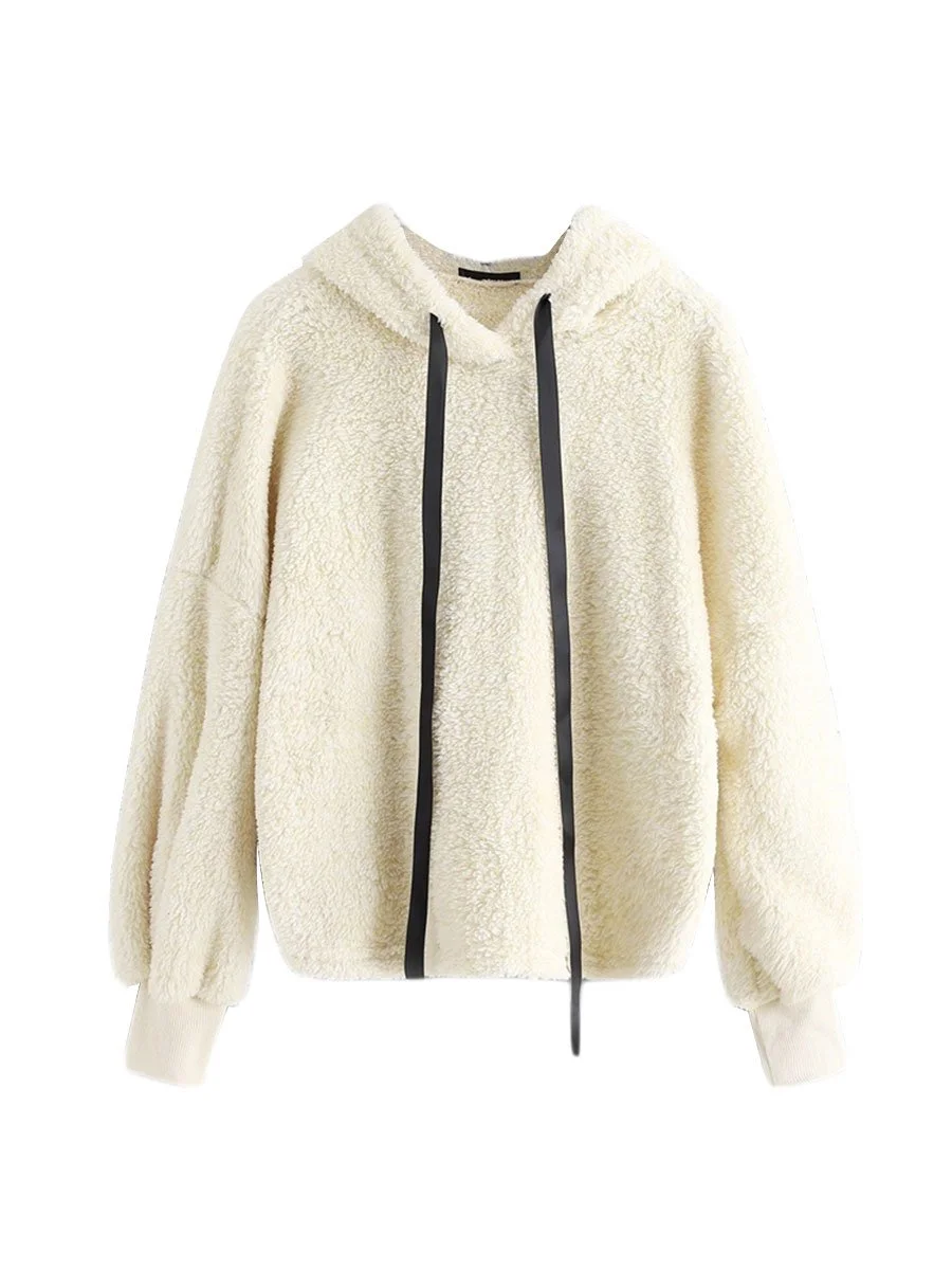 Campus Pullovers Faux Fur Fluffy Beige Long Sleeve Hoodie