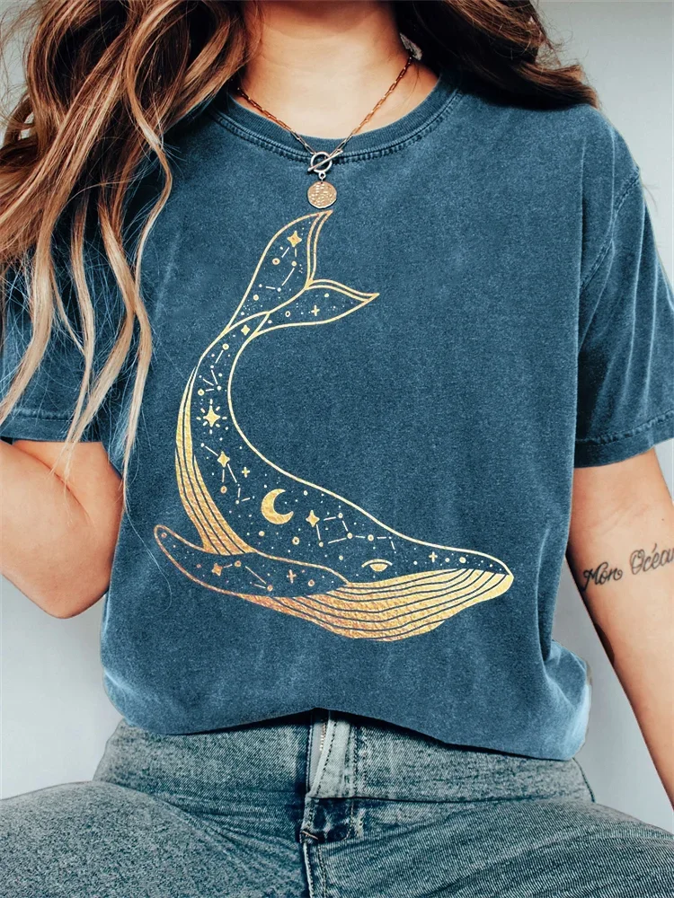 Women's Celestial Whale Graphic Vintage Washed T Shirt