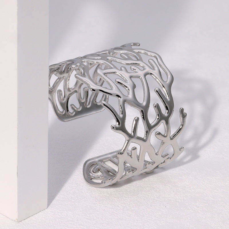 Exquisite Retro Irregular Hollow Bracelet Wide Version Personality Exaggerated Ins Stainless Steel Bracelet Female