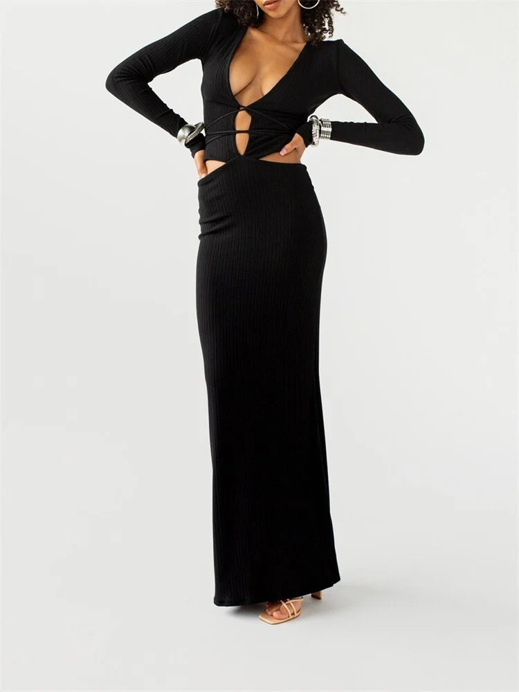 Elegant Women's Summer Autumn Long Maxi Dress 2023 Solid Long Sleeve V-neck Hollow Out Backless Slim Fit Dress Vestidos