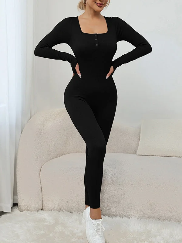 Square-Neck Button-Down Long-Sleeved Yoga Jumpsuit