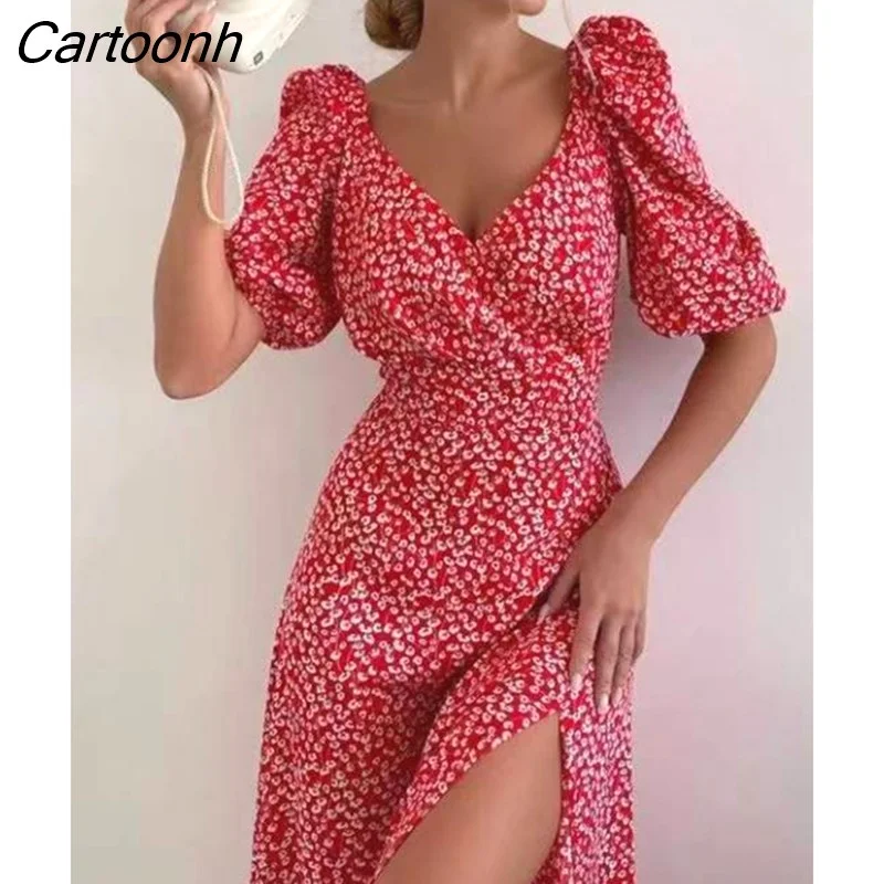 Cartoonh Women Summer Dress with Side Slit Elegant Chiffon Floral Print Vintage Long Maxi Dresses for Women 2023 New Beach Vestidos