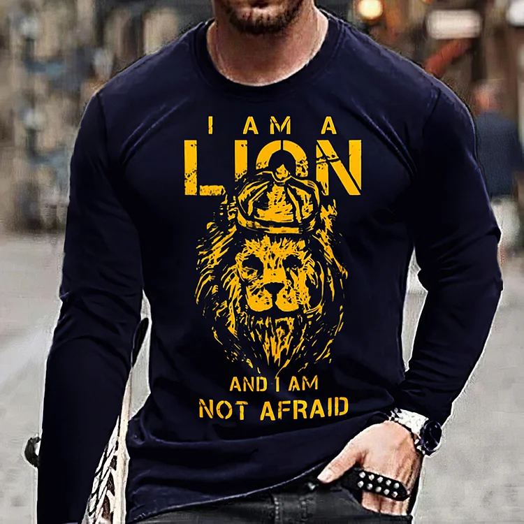 Casual Navy Blue Lion Long Sleeves T-Shirt