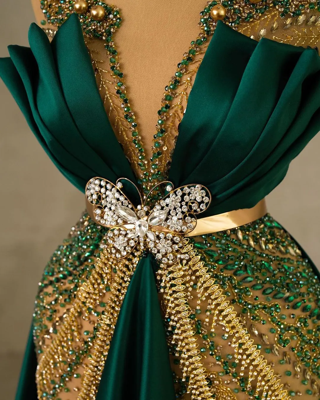 2 Pieces Emerald Green Satin Mermaid V-neck Prom Dresses, PD0865