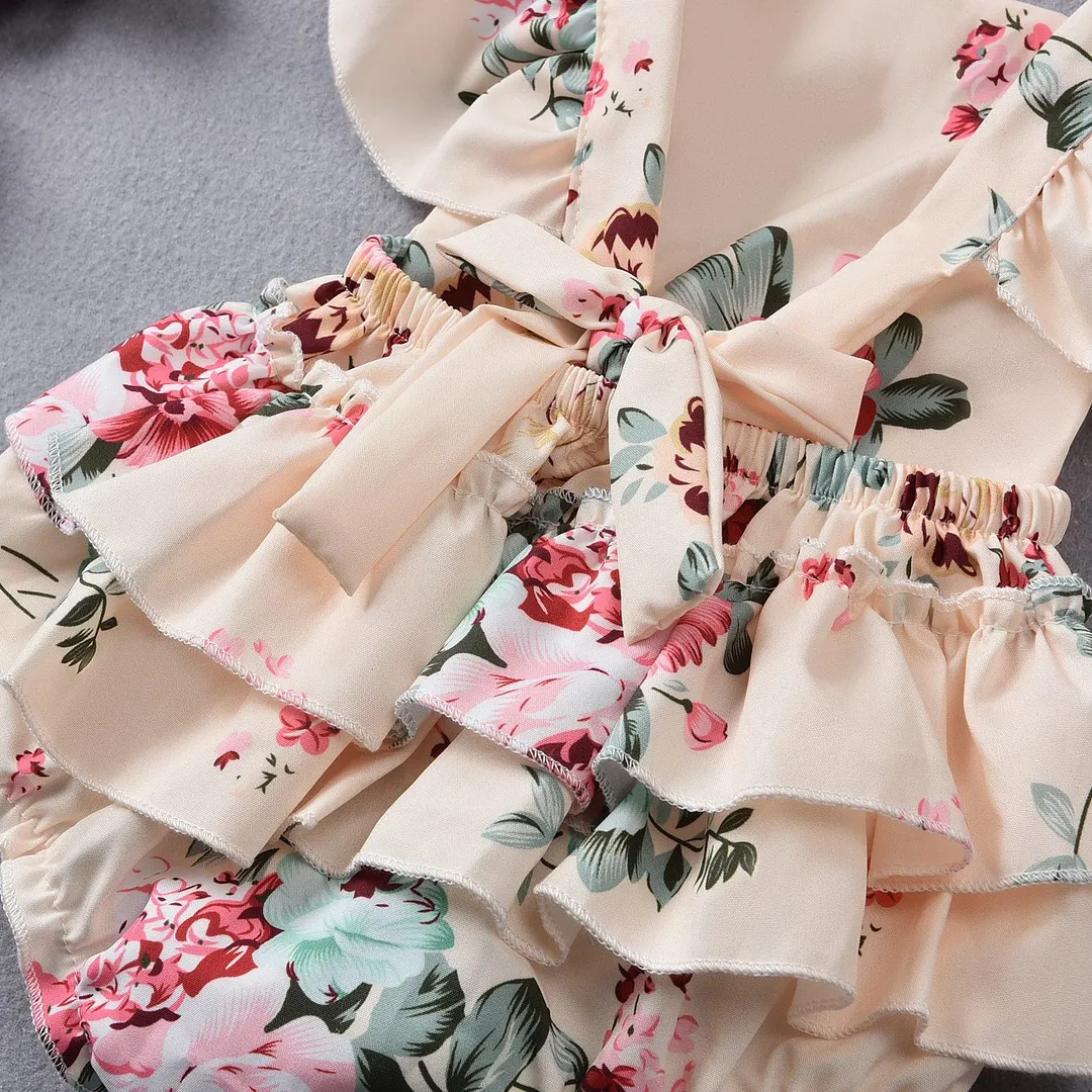 Breathable Infant Baby Girls Outfit Suit, Infant Summer Sweet Style Creative Floral Printing Fly Sleeve Romper + Bow Headwear