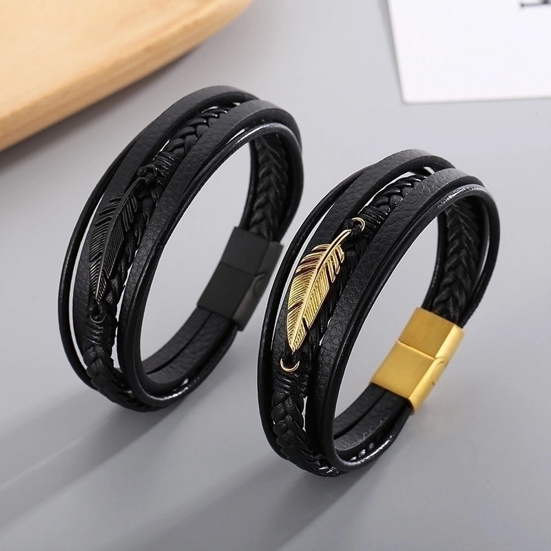 Fashion Feather Stainless Steel Leather Patchwork 18K Gold Plated Men'S Bangle