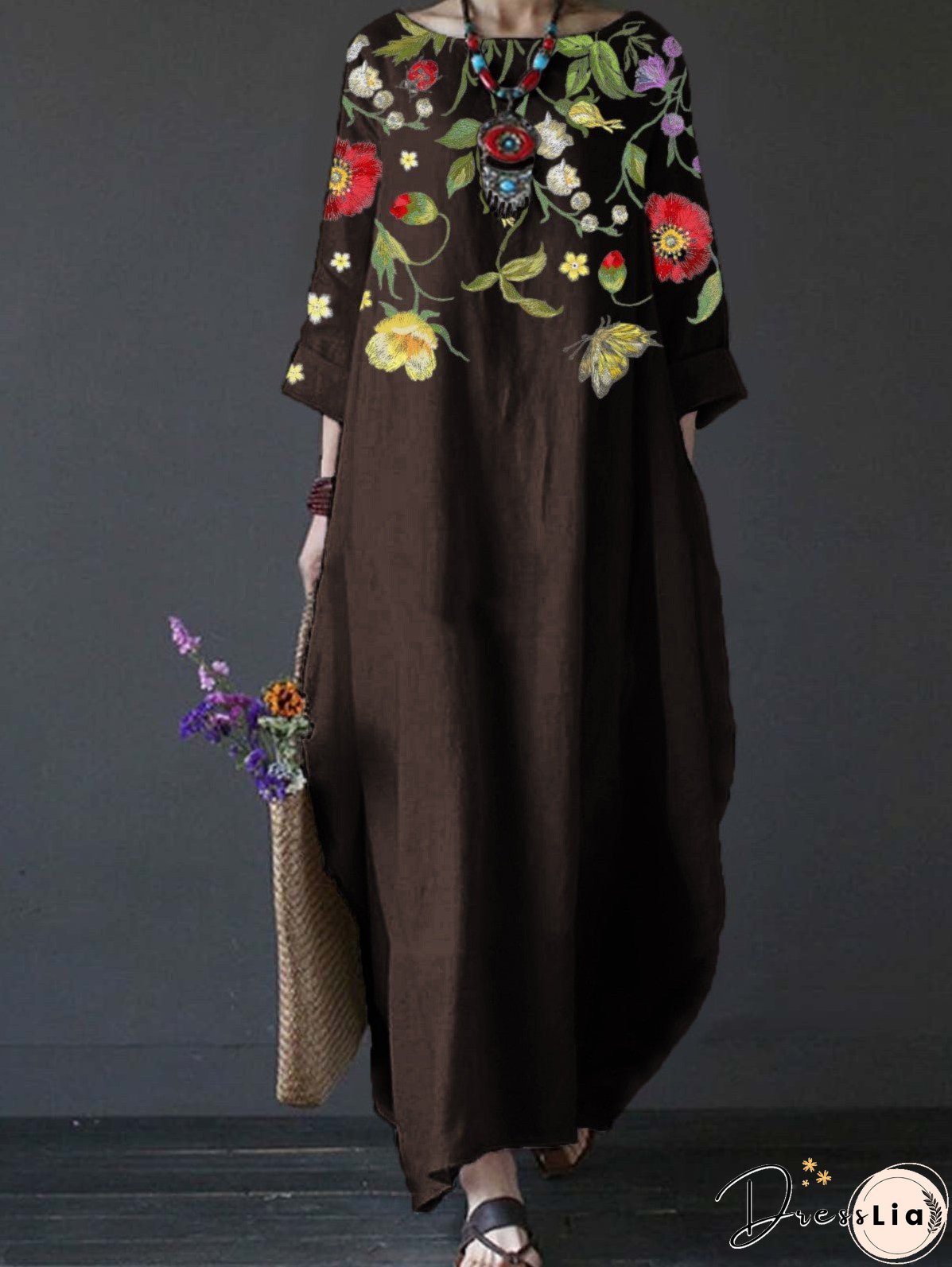 Summer Feminine Style Long Dress Round Neck Vintage Sweet Print Art Dress 3/4 Sleeve