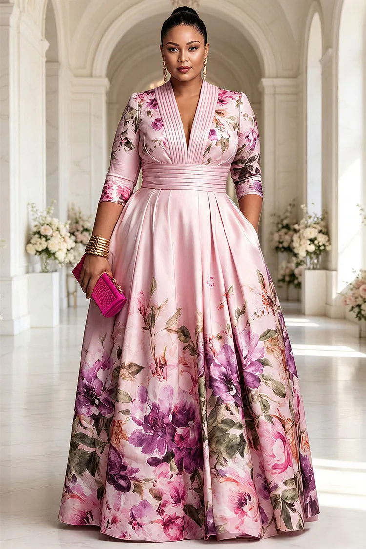 Xpluswear Design Plus Size Formal Pink Floral Round Neck 3/4 Sleeve Pocket Satin Maxi Dresses [Pre-Order] 2024 - Xpluswear