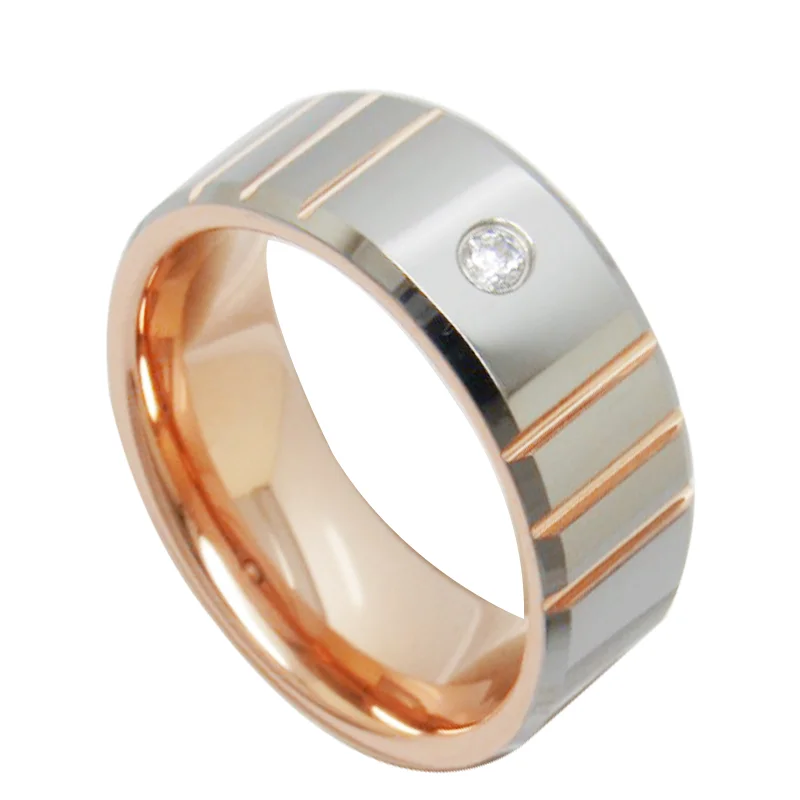 Rose Gold Tungsten Carbide Rings Chamfered Smooth Steel Color Slotted Inlaid With A White Stone Mens And Womens Wedding Bands