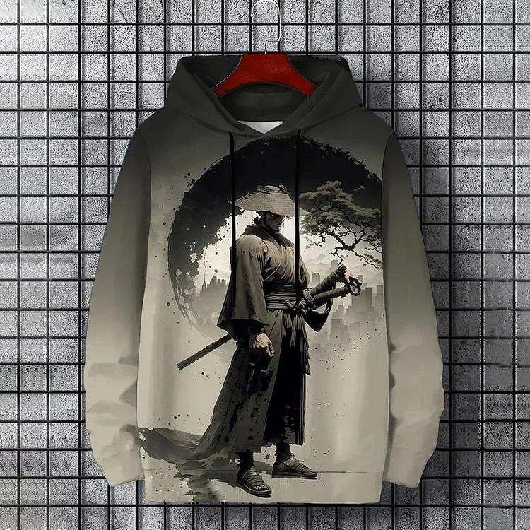 Men's Japanese Art Samurai Print Casual Hoodie