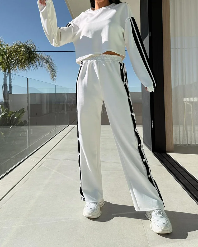 Round Neck Long Sleeve Color Block Top and Pants Two-piece Set