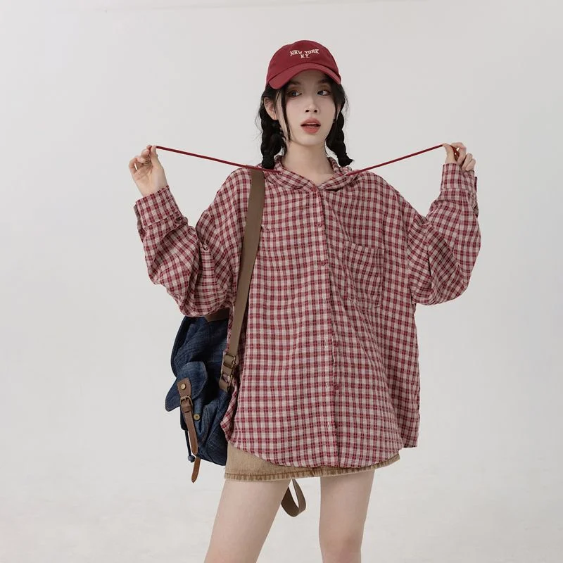 Spring Plaid Women Loose Shirt Long Sleeve Casual Vintage Over-shirt Female Tie Up Hooded Single Breasted Autumn Chic Shirt