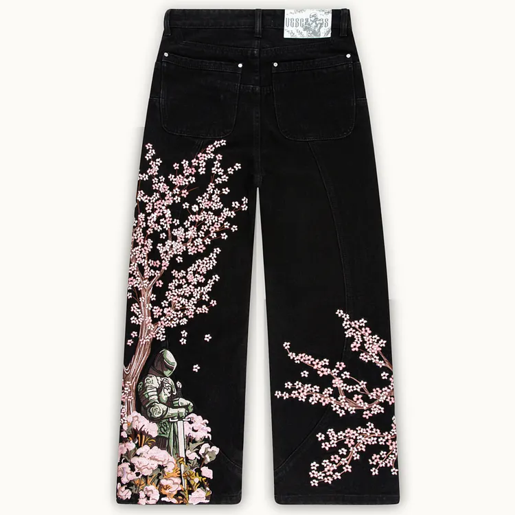 Men's Retro Japanese Floral Samurai Embroidered Wide-leg Jeans