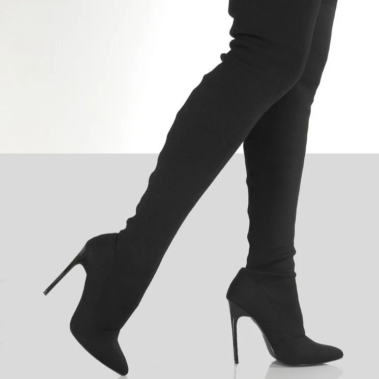 Yyvonne New Large-Size Women's Boots Elastic Boots Retro Women's Fine Heel High Heel High-Heeled Knitted Over Knee Boots