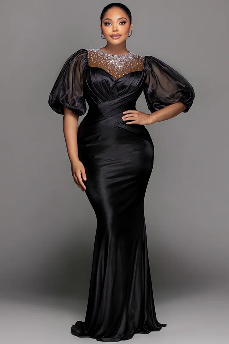 Xpluswear Design Plus Size Formal Organza Purple Round Neck Puff Sleeve Short Sleeve Drilling See Through Satin Maxi Dresses [Pre-Order] 2024 - Xpluswear