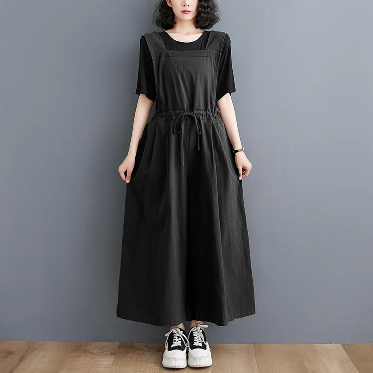 Literary Cotton Linen Solid Color Wide Leg Jumpsuit - yankia