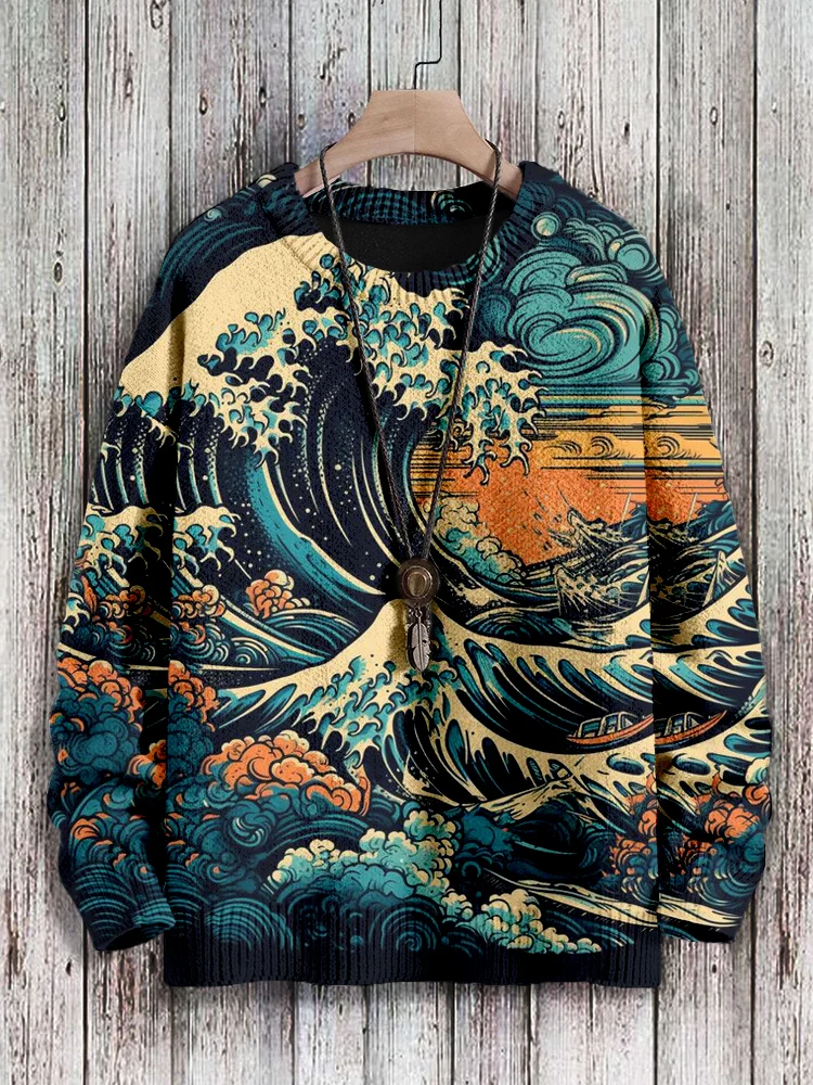 Men's Japanese Wave Inspired Graphic Cozy Pullover Sweater