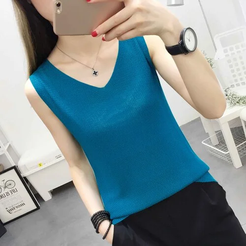 Blusas Mujer De Moda 2023 Summer Sleeveless Blouse Women V-neck Knitted Blouse Shirt Women Clothes Womens Tops And Blouses C860