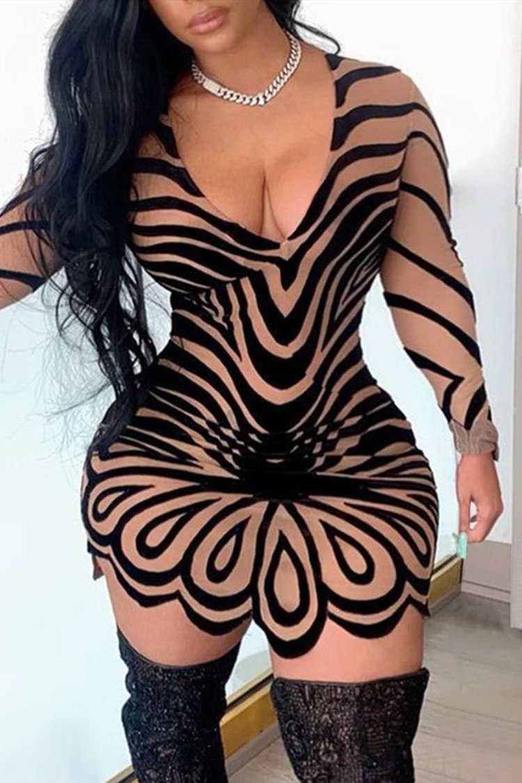 Xpluswear Plus Size Casual Tan All Over Print V Neck Long Sleeve Bodycon Mini Dress