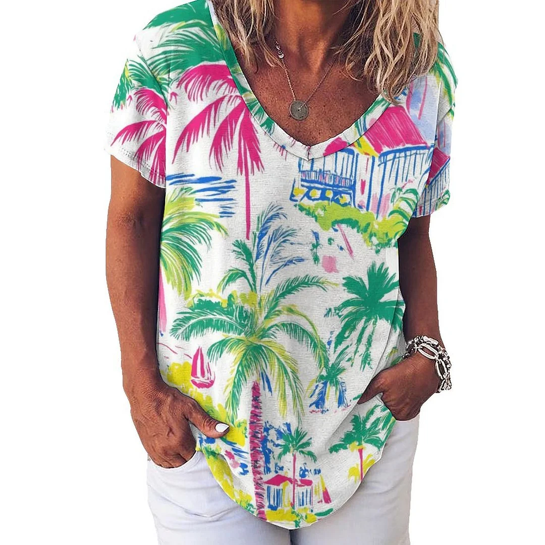 V-neck Short Sleeve Casual T-shirt for  Women Printed with Pattern Tropical, Summer, Green