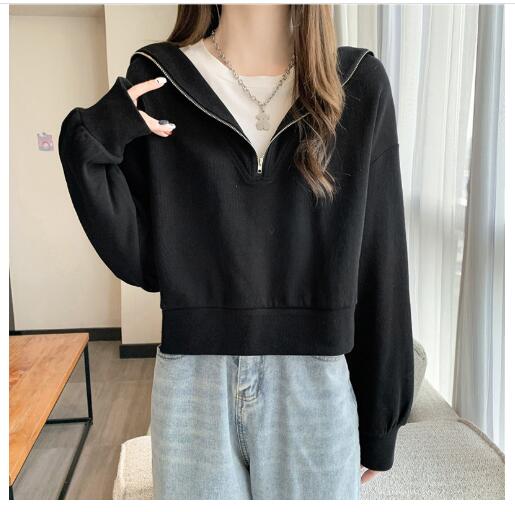 Zip Up Sailor Collar Hoodie Sweatshirt Fake 2 piece Tops Harajuku Long Sleeve Cute Tops